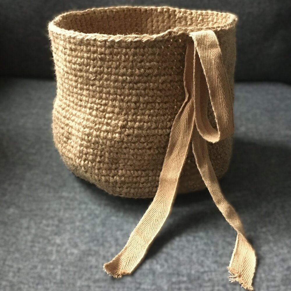 Hand Crocheted Jute Medium Hanging Storage Basket with Cotton Twill Ribbon Hook